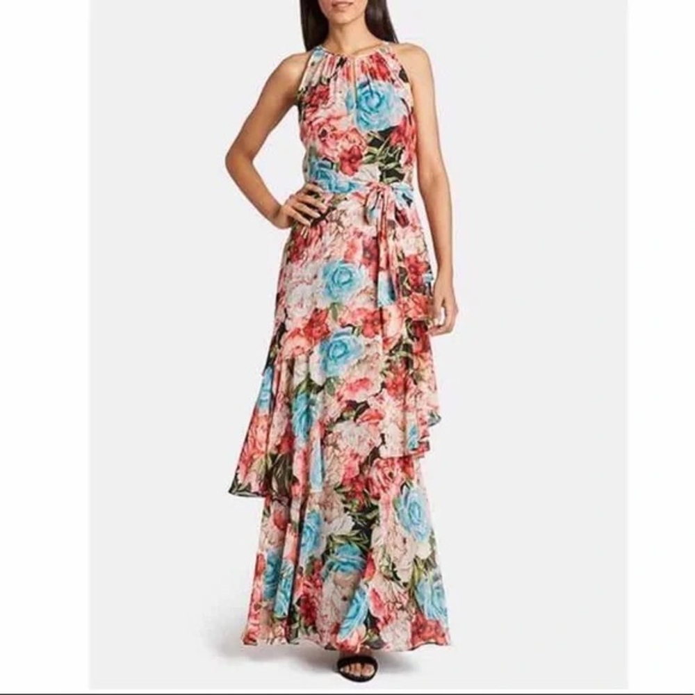 Tahari Arthur Levine ASL Chiffon Tiered Maxi Floral Sleeveless Dress Wens 14